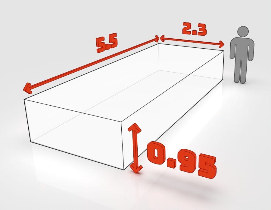 Dimensions de la benne 10 m³ à louer à Bischheim : 5,5 × 2,3 × 0,95 m