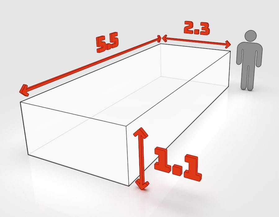 Dimensions de la benne 15 m³ à louer à Bischheim : 5,5 × 2,3 × 1,1 m