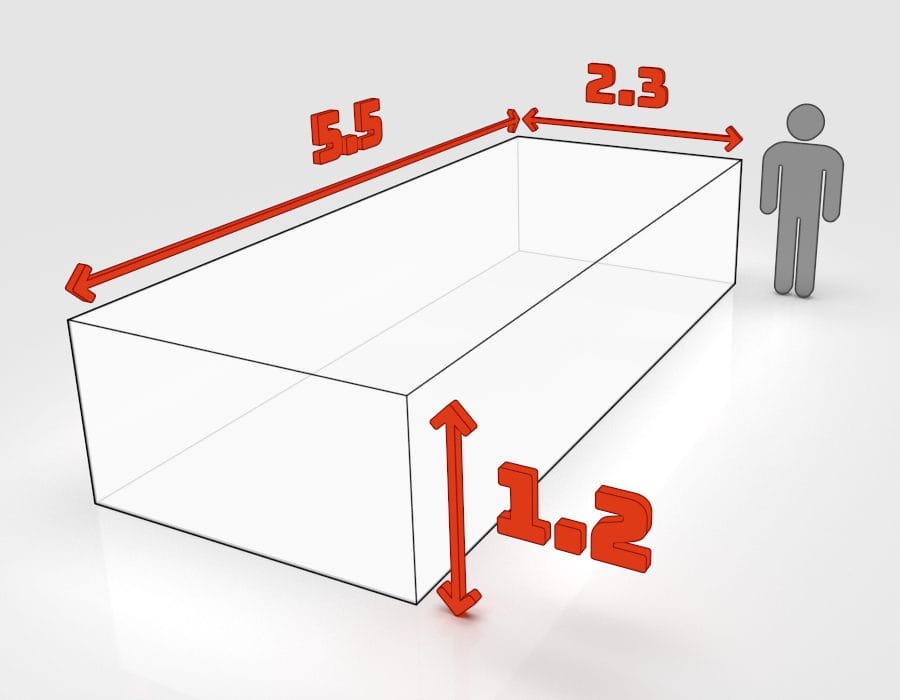 Dimensions de la benne 20 m³ à louer à Bischheim : 5,5 × 2,3 × 1,2 m