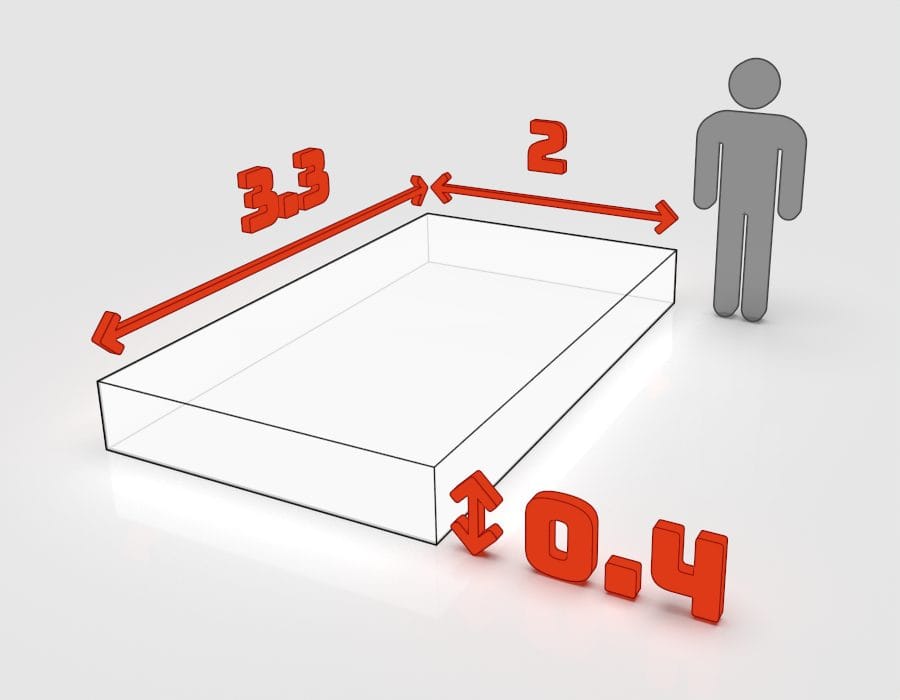 Dimensions de la benne 3 m³ à louer à Bischheim : 3,3 × 2 × 0,4 m