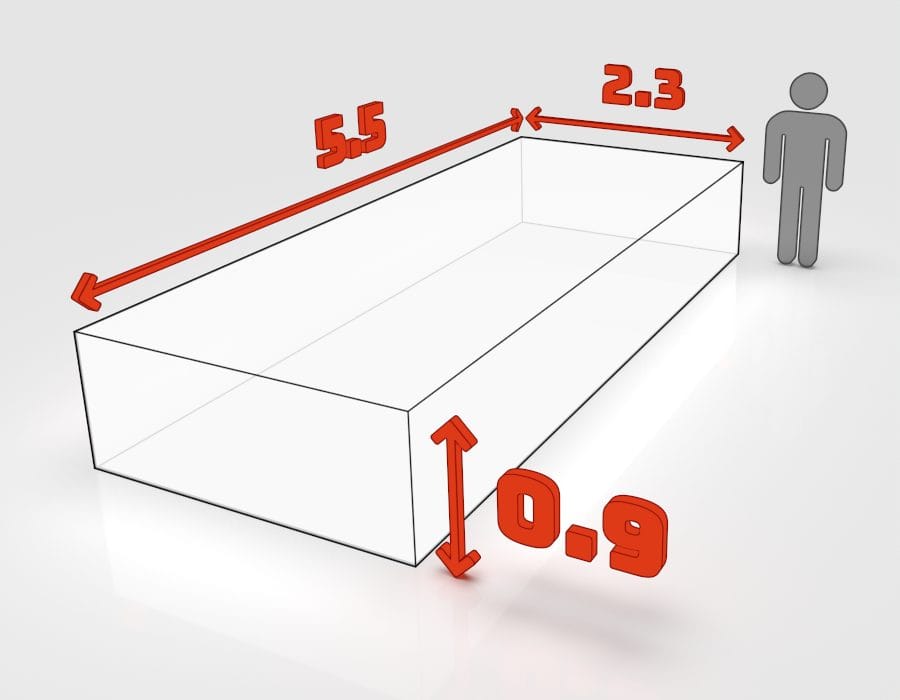 Dimensions de la benne 8 m³ à louer à Bischheim : 5,5 × 2,3 × 0,9 m